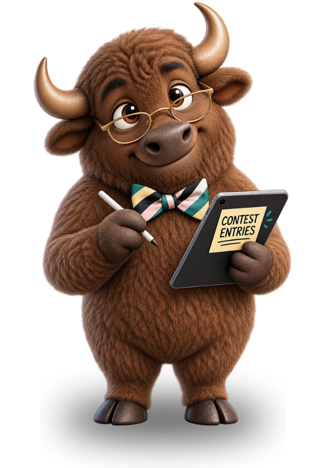 Vagari contest mascot — a buffalo with glasses holding a tablet